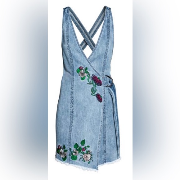 NWOT Embroidered Denim Wrap Dress - Picture 1 of 7
